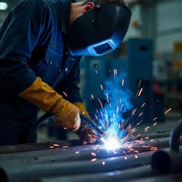 professional welder working with polyethylene pipes